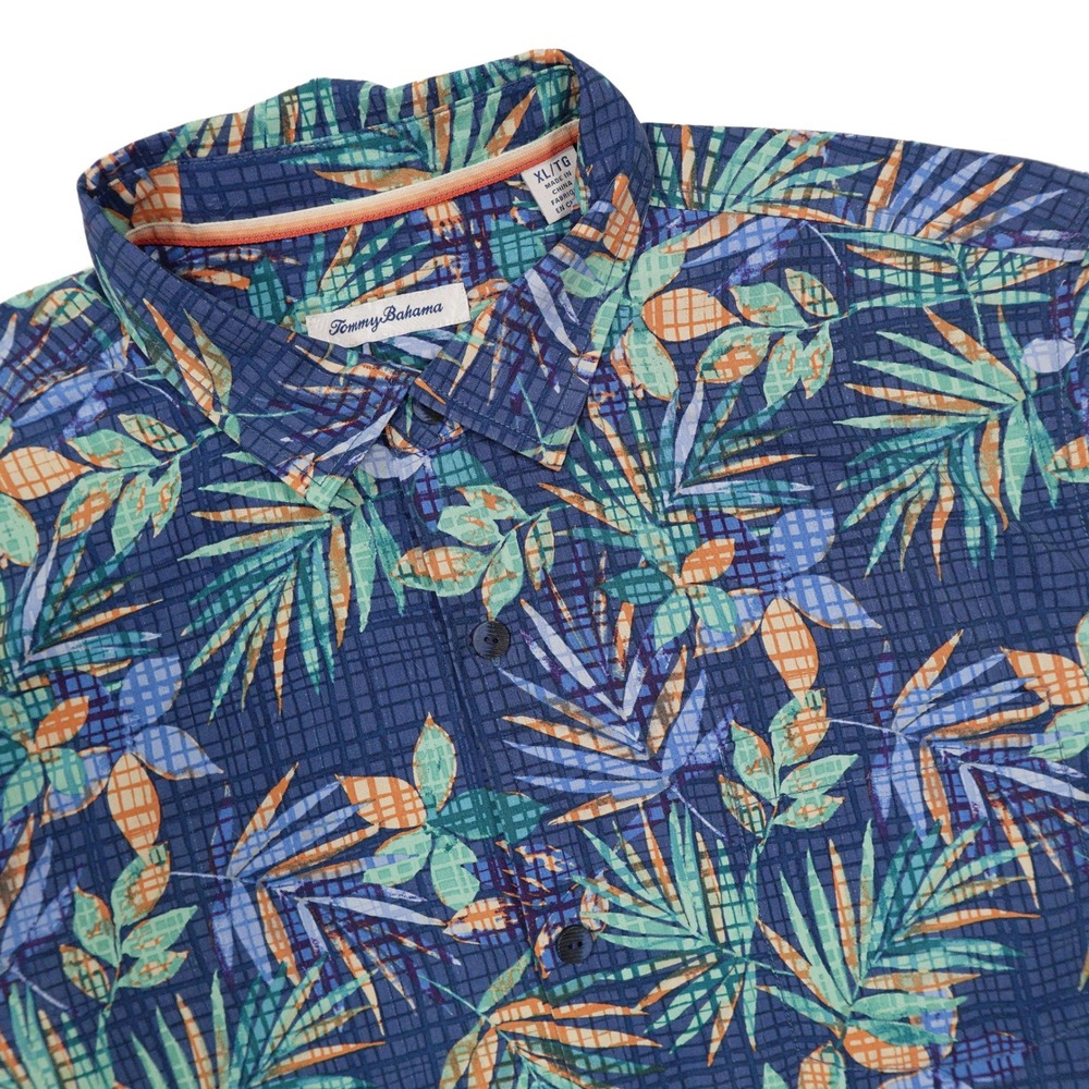 TOMMY BAHAMA Mens XL Blue Tropical Print Silk Blend Short Sleeve Button Up Shirt